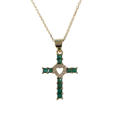 Emerald Cross Heart Pave Necklace