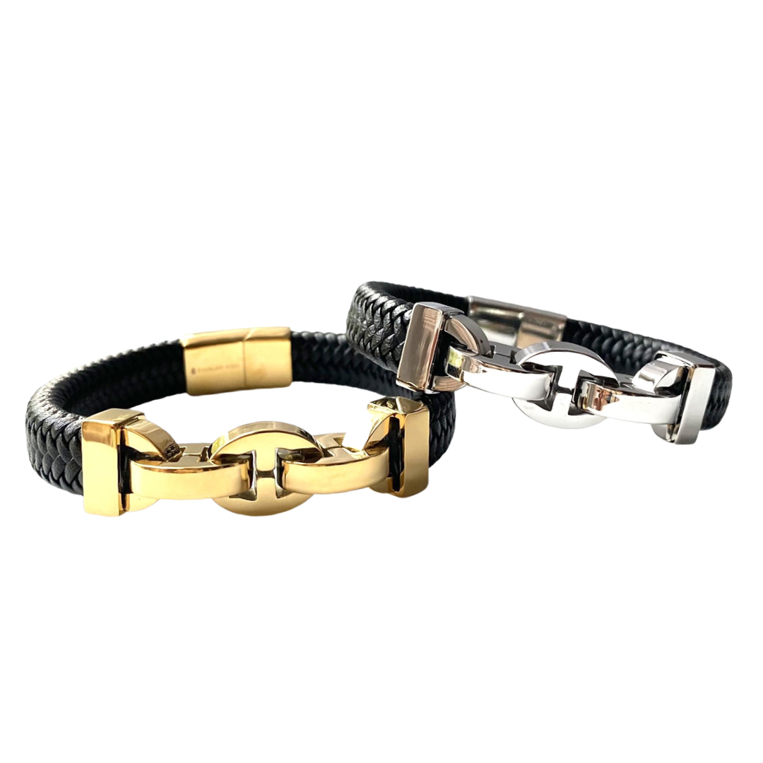 Mens Bracelet CUBAN BLACK Leather and Stainless Steel Curb Link | Tribal  Hollywood